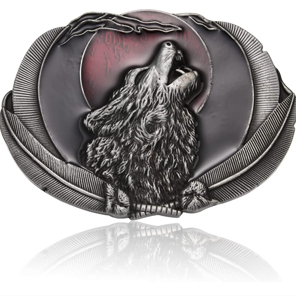 New silver wolf and feathers belt buckle. Fits 1.5" belt. - Picture 6 of 8